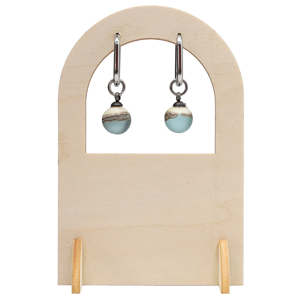 Frosted Pale Blue and Ivory Glass Oval Hoop Earrings