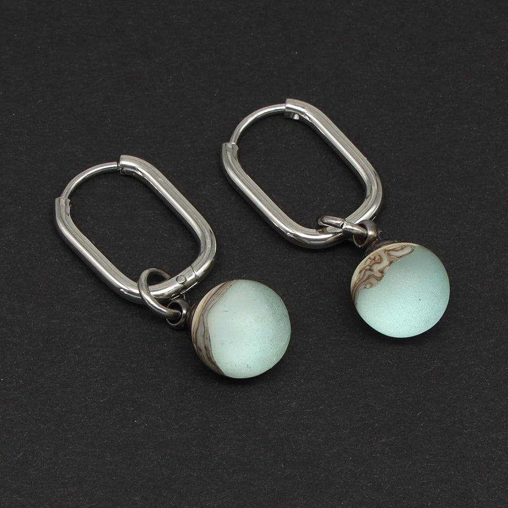 Frosted Pale Blue and Ivory Glass Oval Hoop Earrings