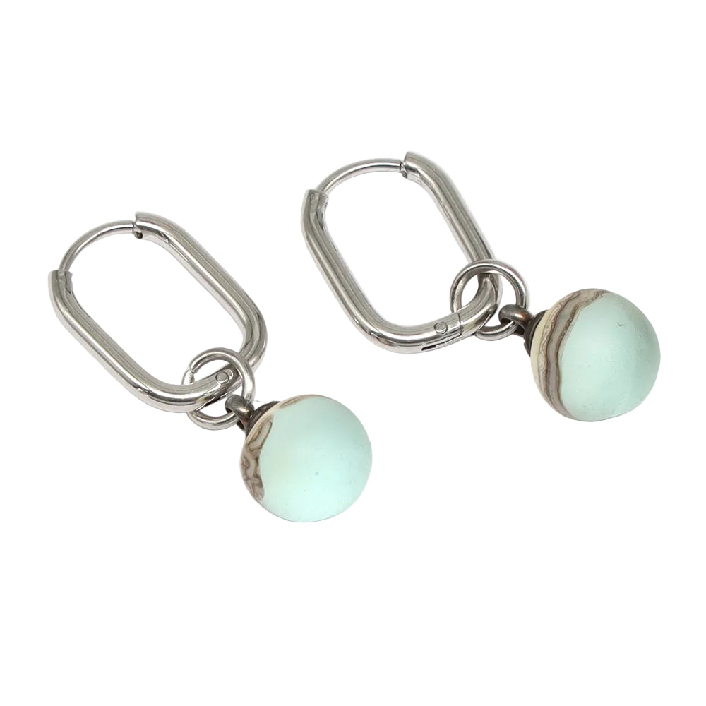 Frosted Pale Blue and Ivory Glass Oval Hoop Earrings