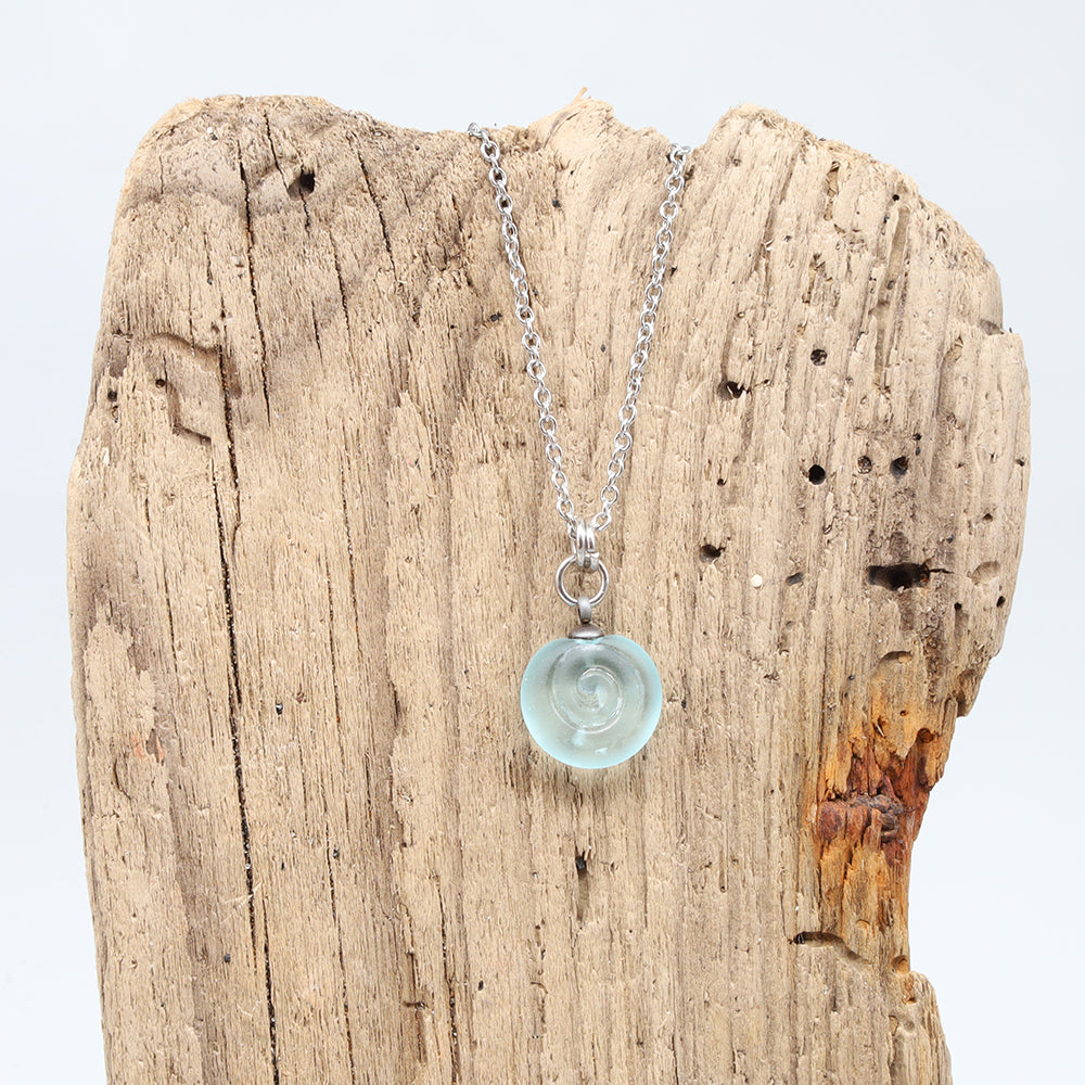 Frosted Pale Blue Spiral Charm Stainless Steel Necklace