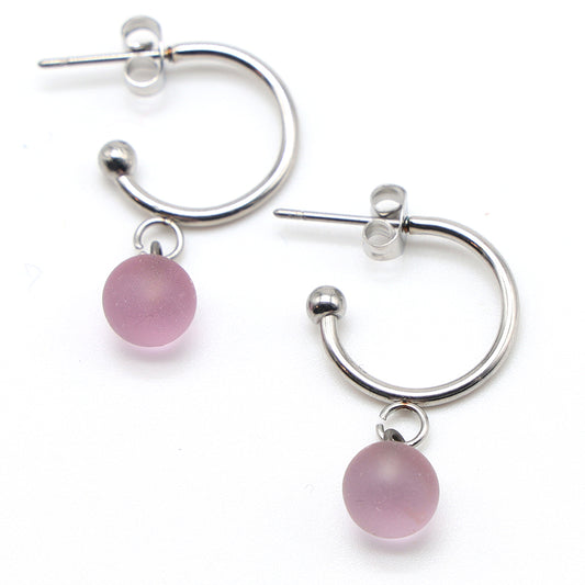 Frosted Pink Glass Half Hoop Earrings
