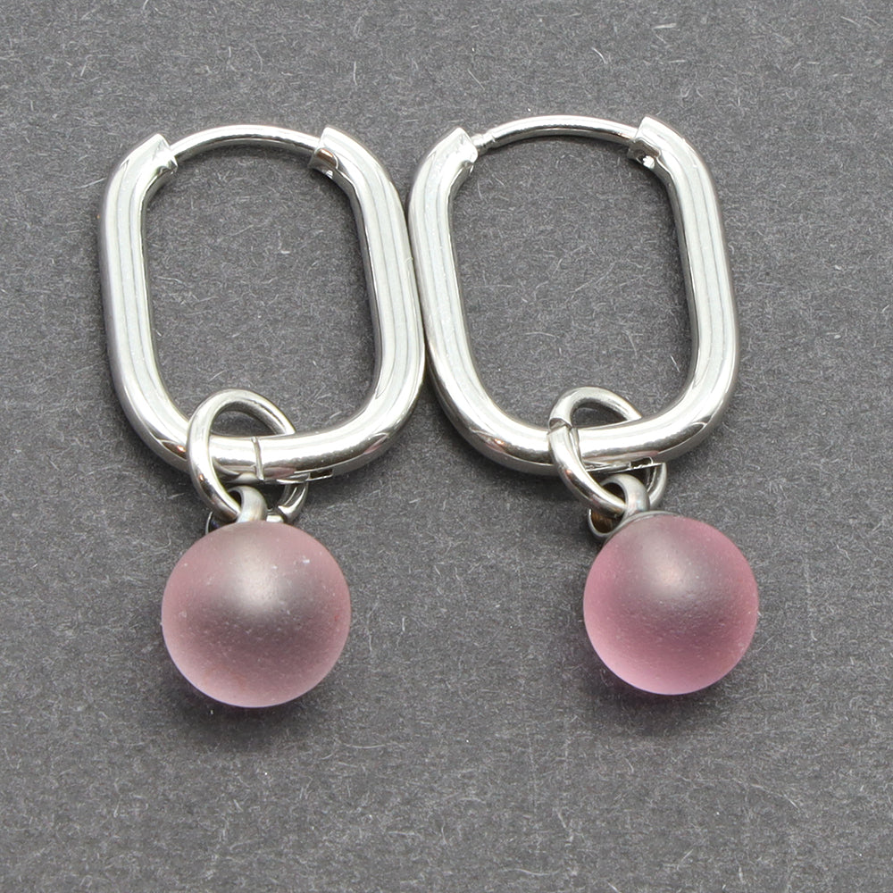 Frosted Pink Glass Oval Hoop Earrings