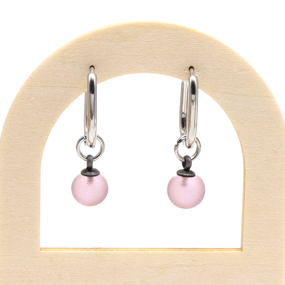 Frosted Pink Glass Oval Hoop Earrings