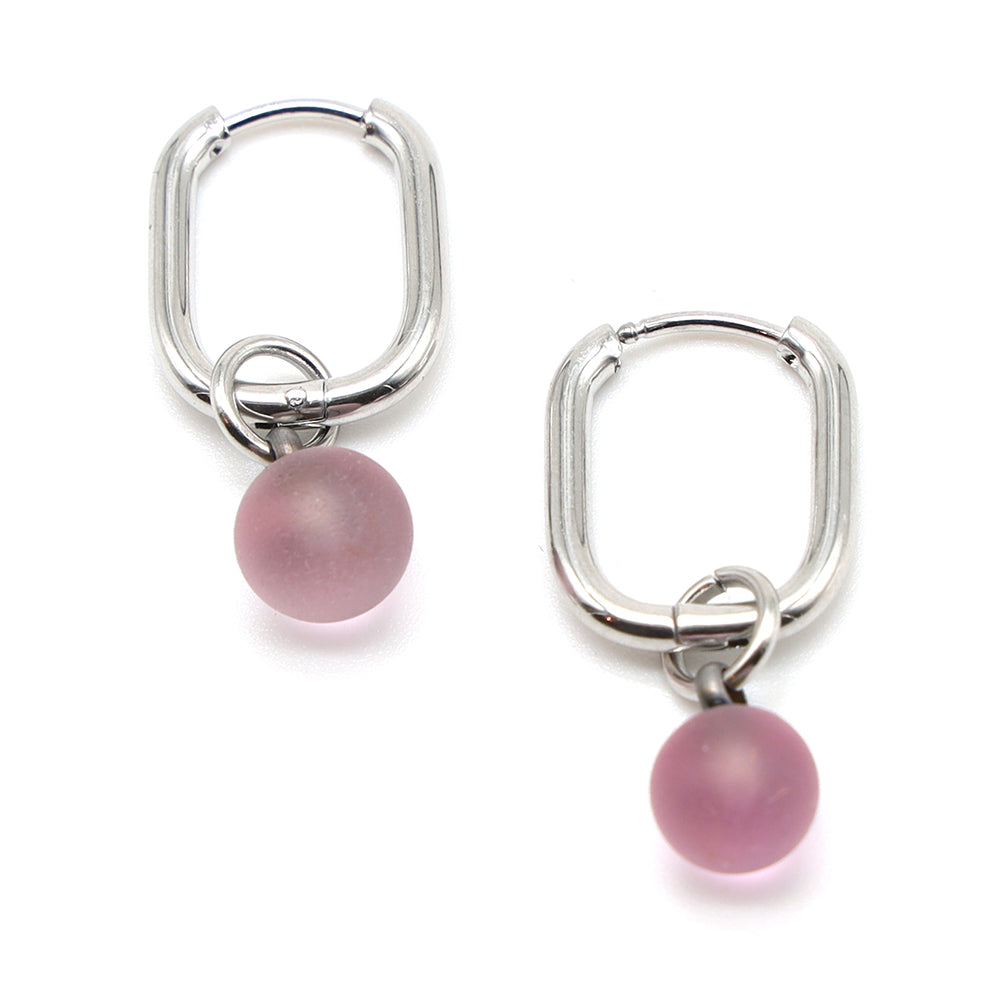 Frosted Pink Glass Oval Hoop Earrings
