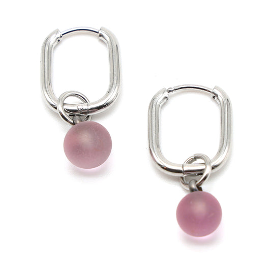 Frosted Pink Glass Oval Hoop Earrings