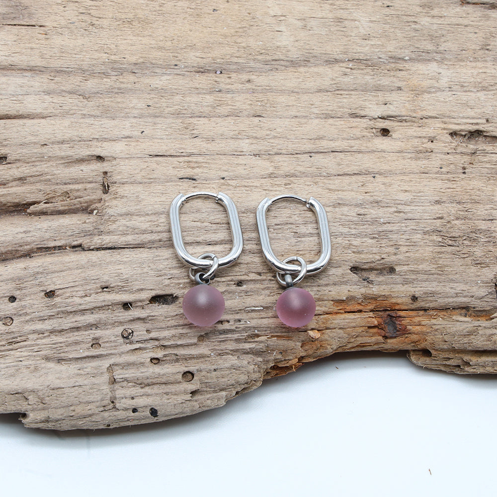 Frosted Pink Glass Oval Hoop Earrings
