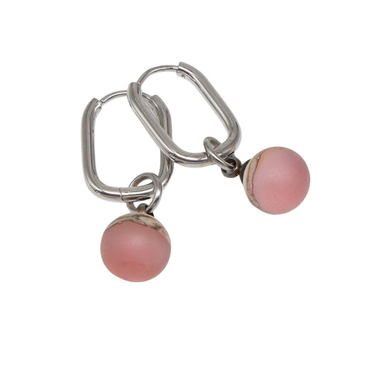 Frosted Pink and Ivory Glass Oval Hoop Earrings