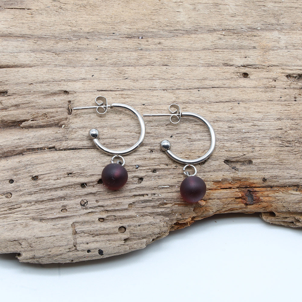 Frosted Purple Glass Half Hoop Earrings