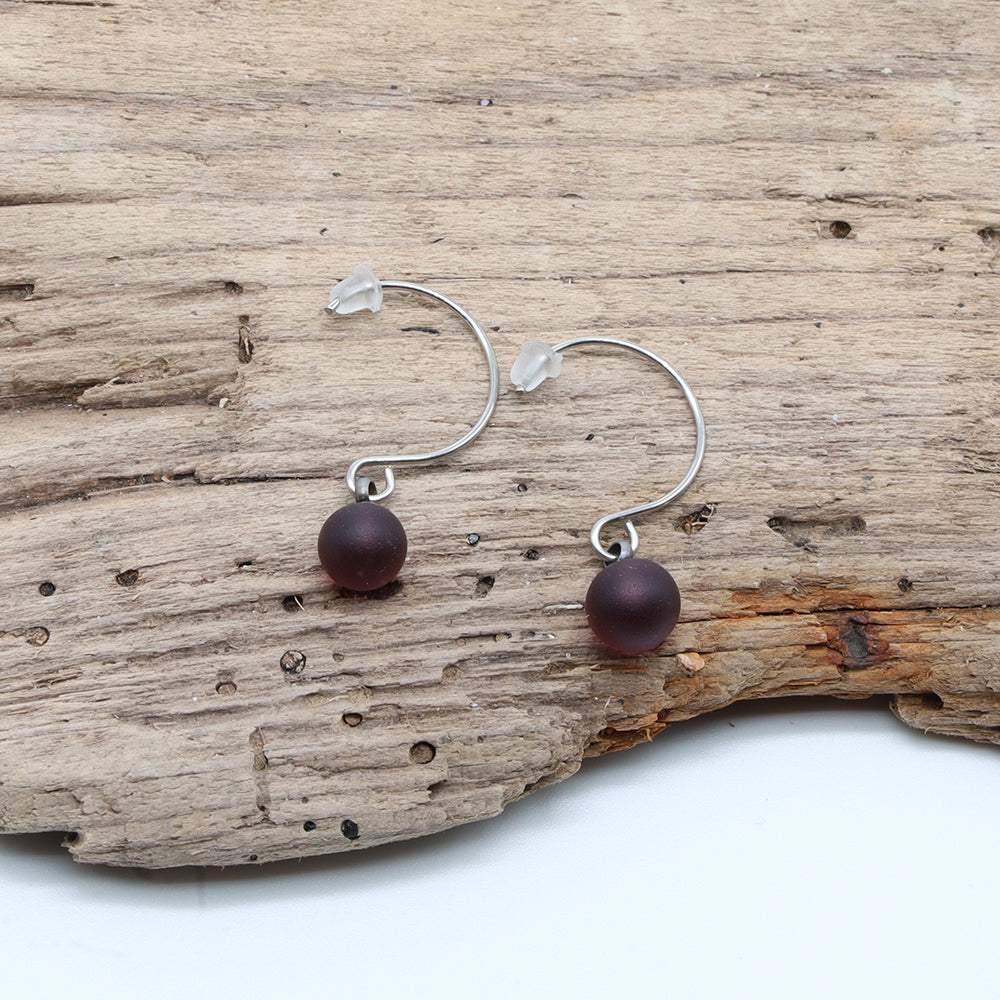 Frosted Purple Glass Hook Earrings