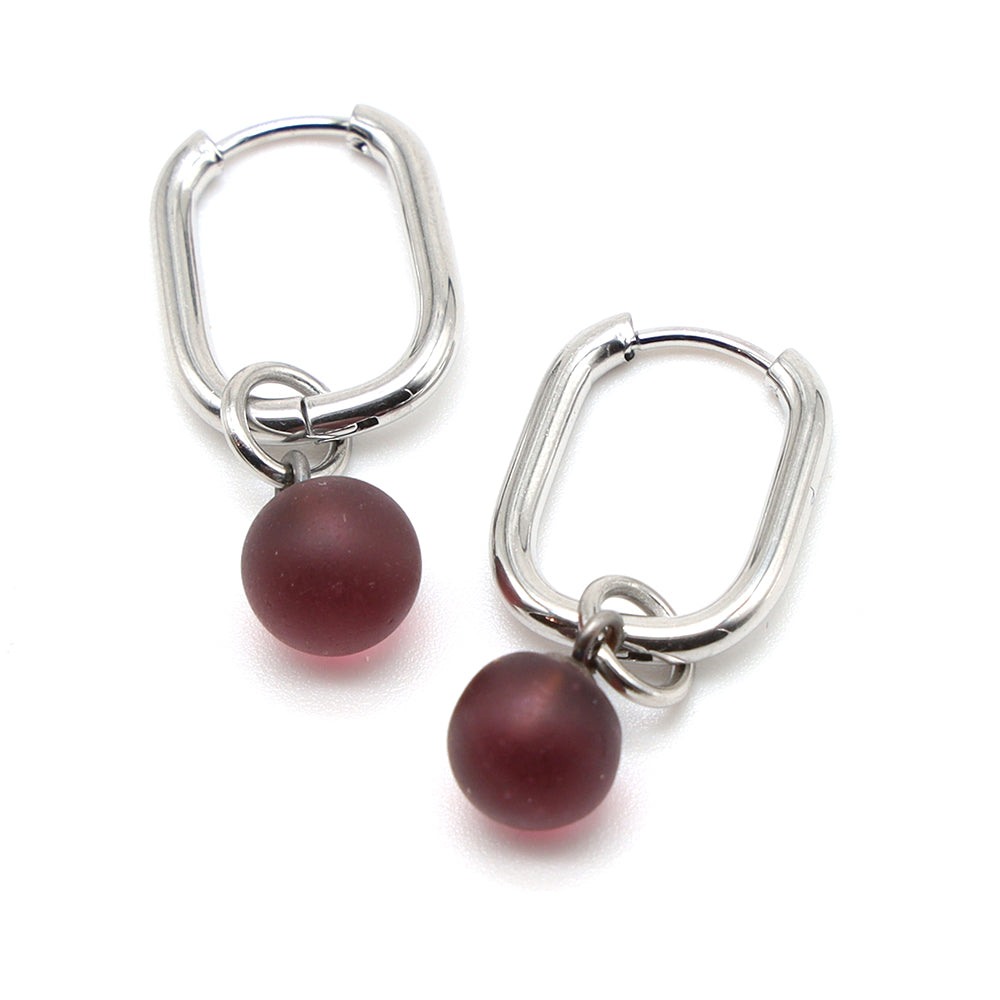 Frosted Purple Glass Oval Hoop Earrings