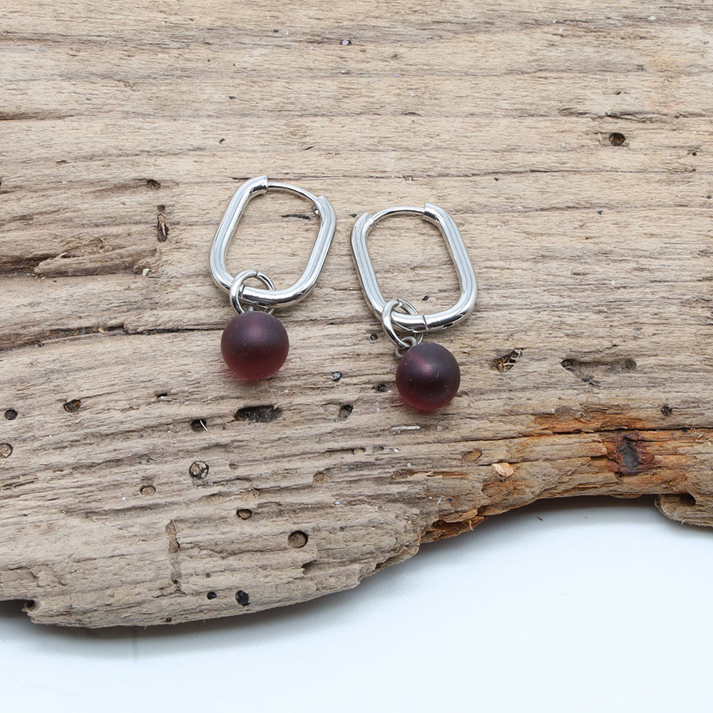 Frosted Purple Glass Oval Hoop Earrings