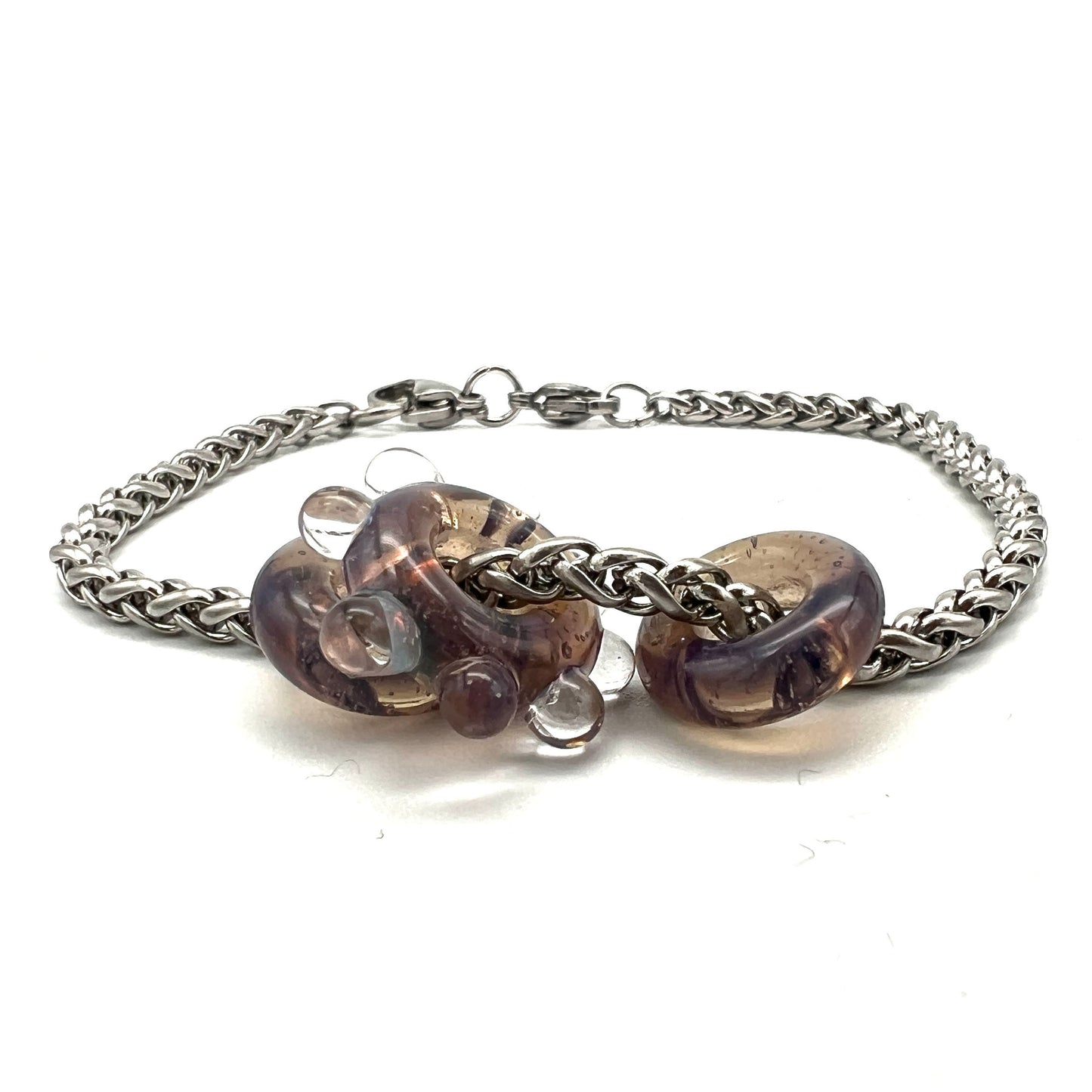 Bracelet with 3 purple iris water droplet glass beads