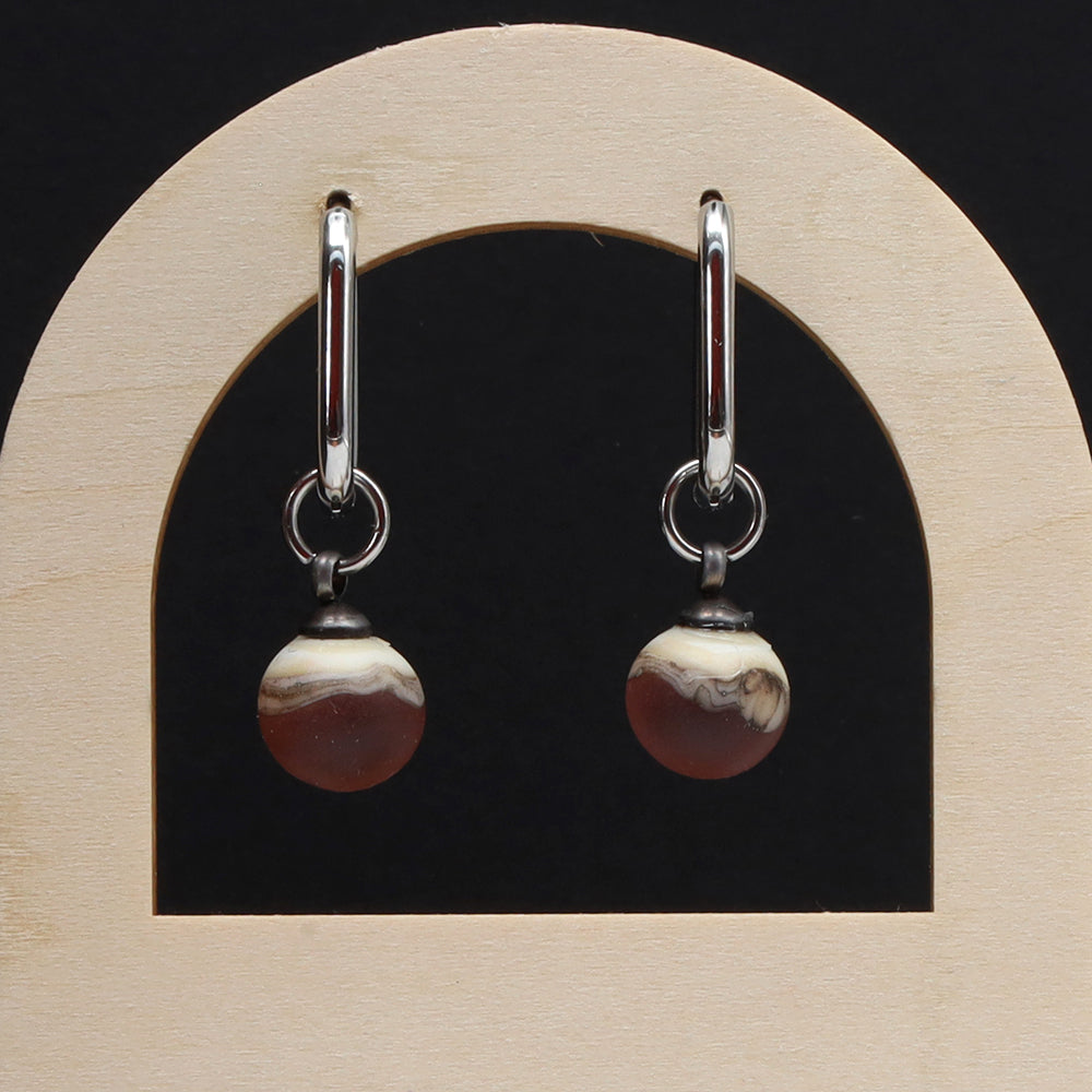 Frosted Purple and Ivory Glass Oval Hoop Earrings