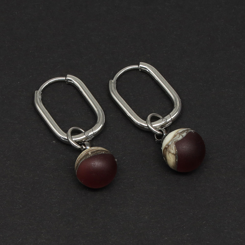Frosted Purple and Ivory Glass Oval Hoop Earrings