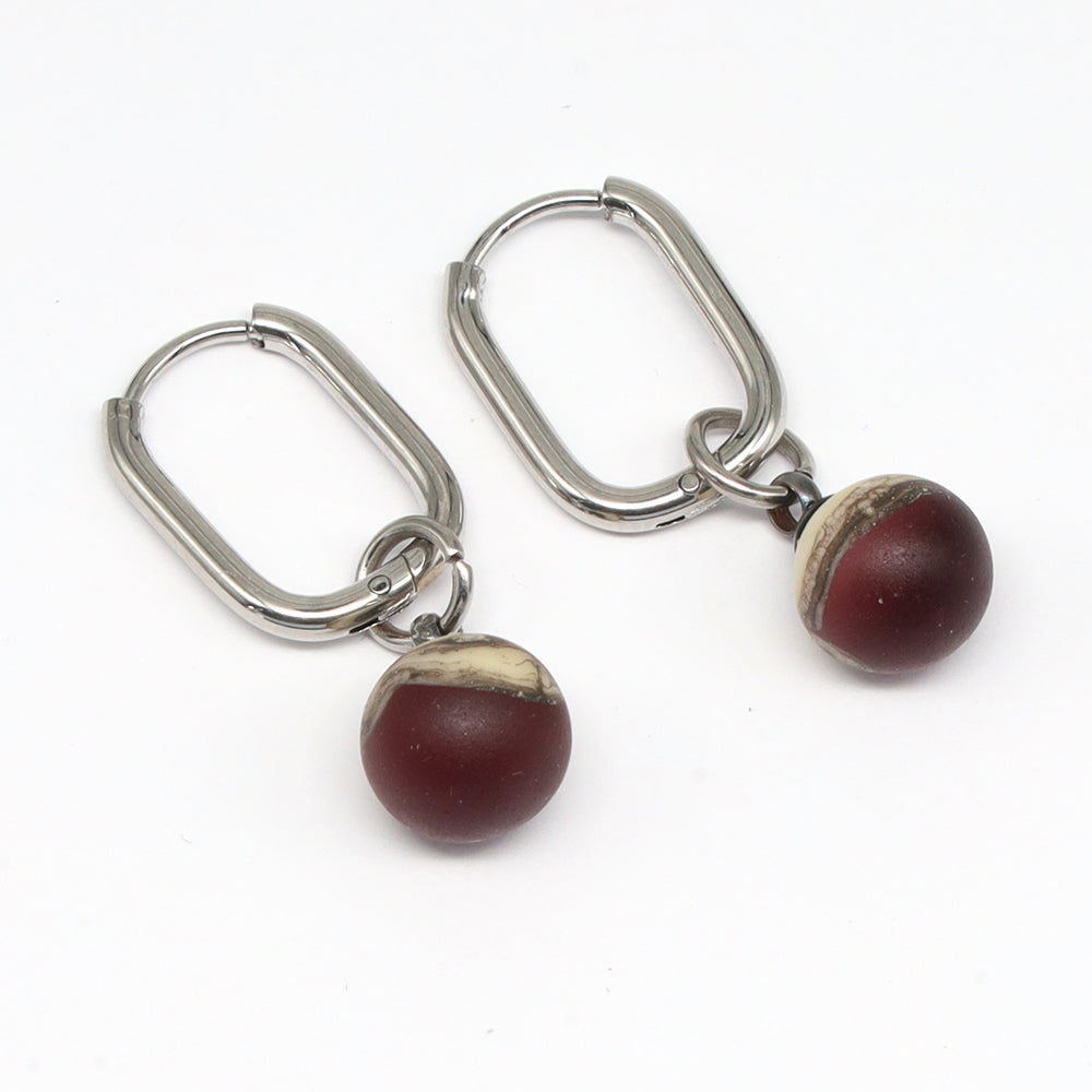 Frosted Purple and Ivory Glass Oval Hoop Earrings