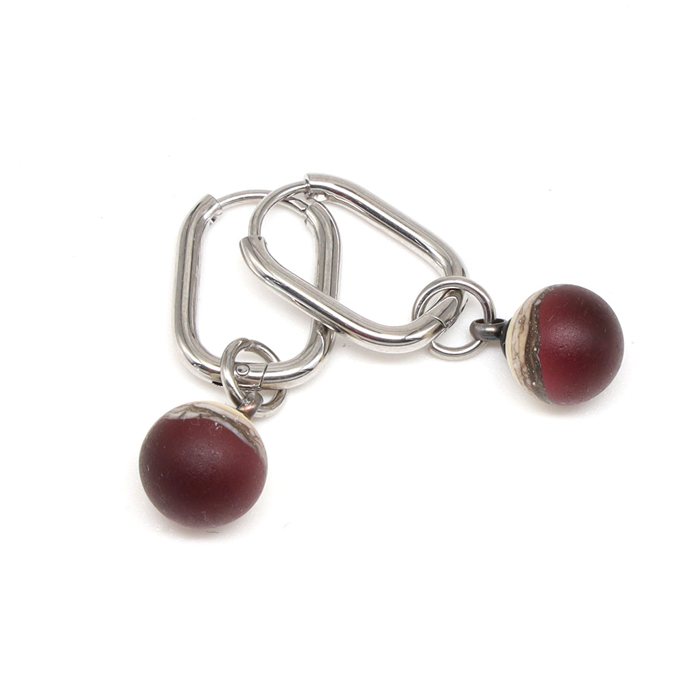 Frosted Purple and Ivory Glass Oval Hoop Earrings