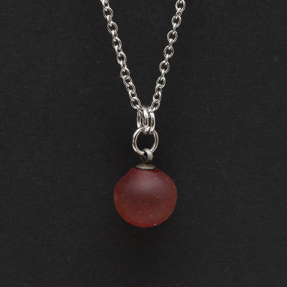 Frosted Red Sphere Charm Stainless Steel Necklace