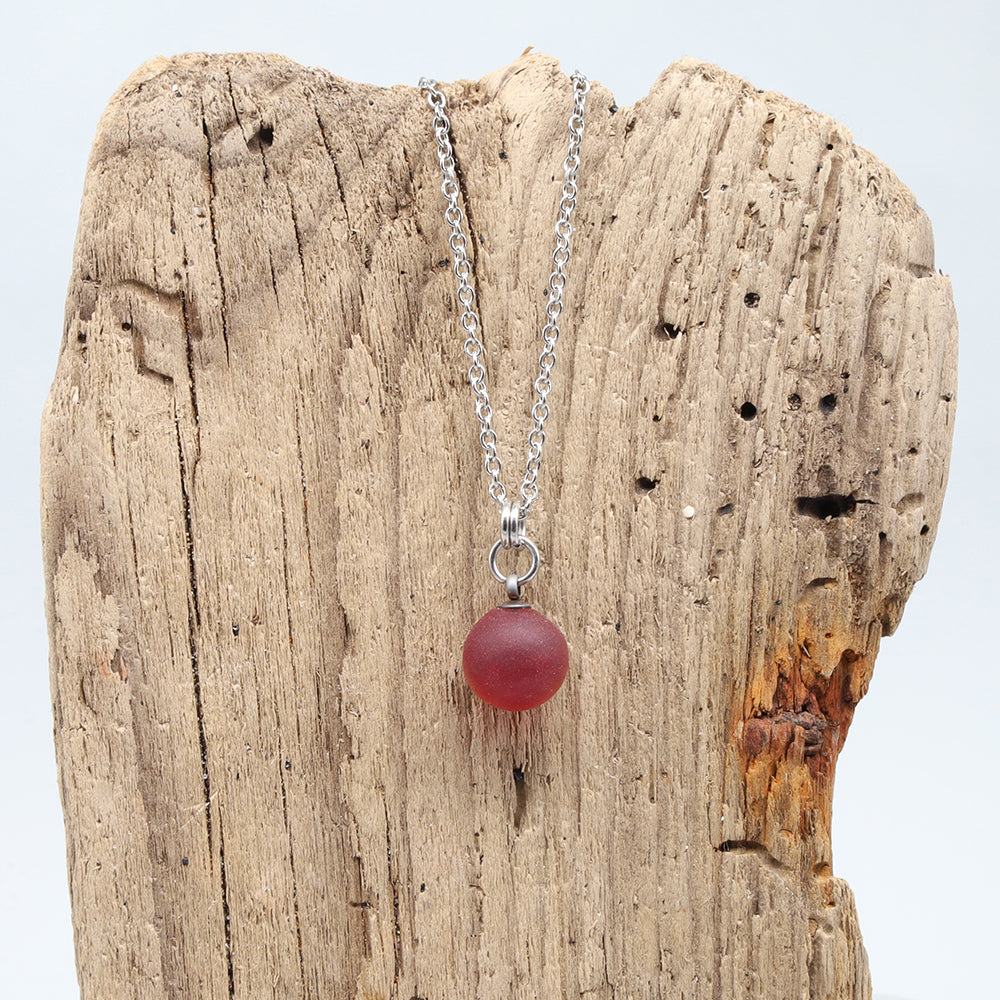 Frosted Red Sphere Charm Stainless Steel Necklace