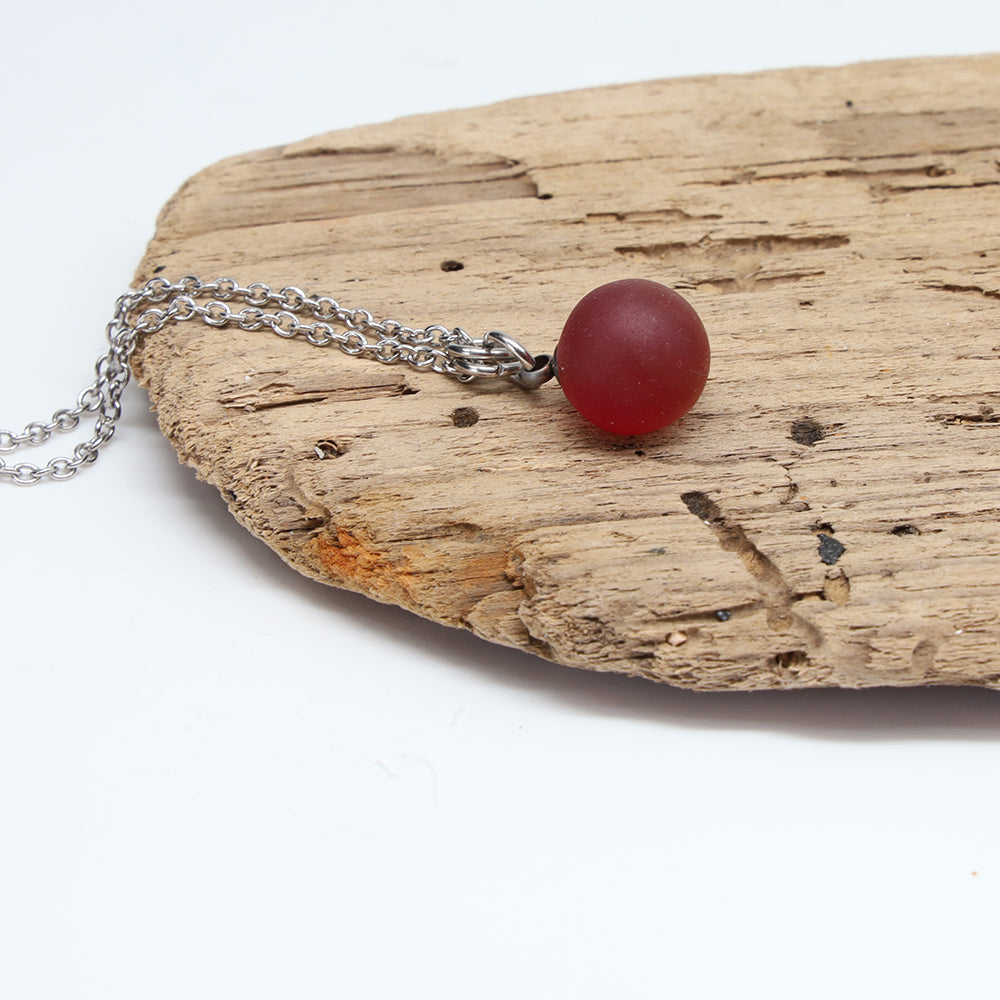 Frosted Red Sphere Charm Stainless Steel Necklace