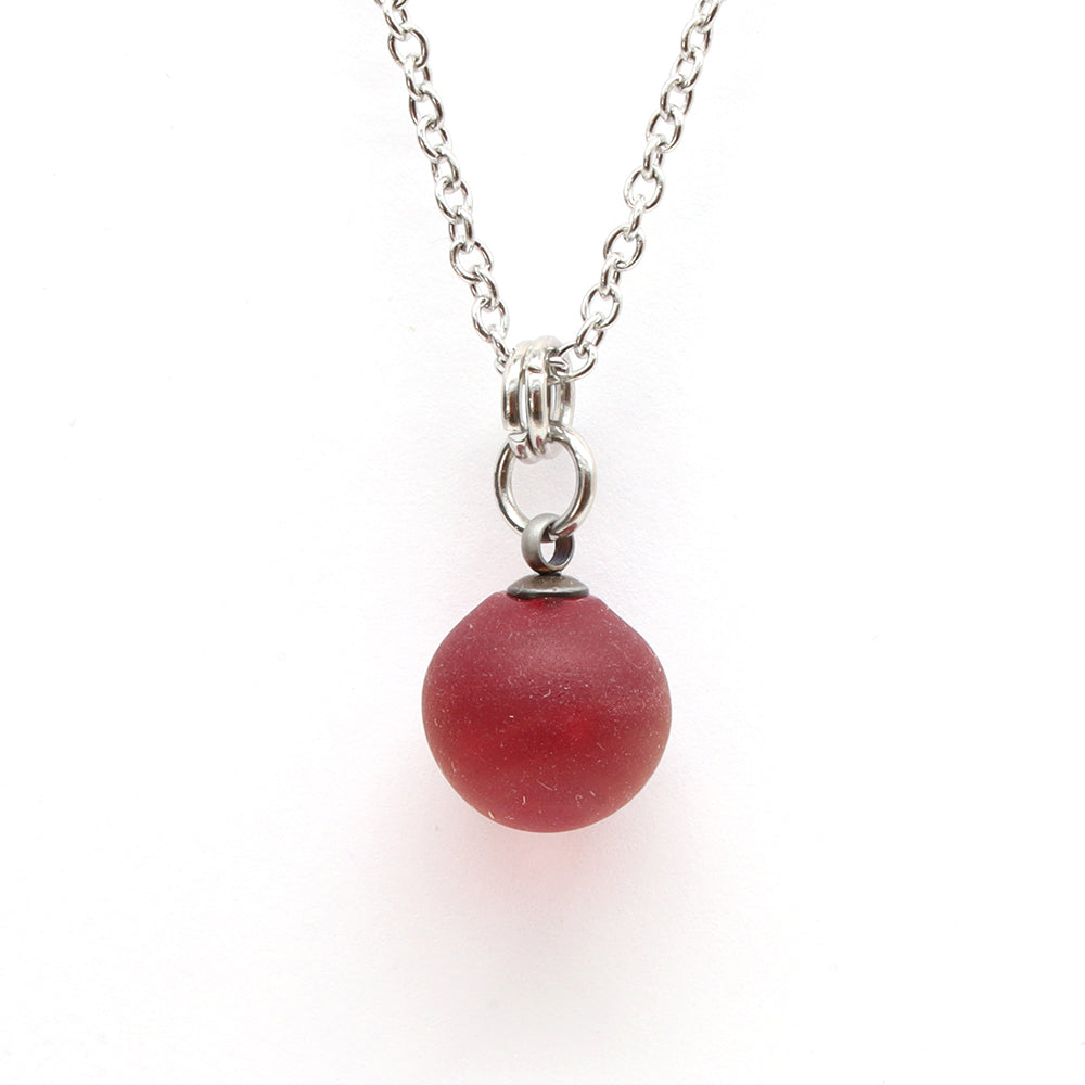 Frosted Red Sphere Charm Stainless Steel Necklace