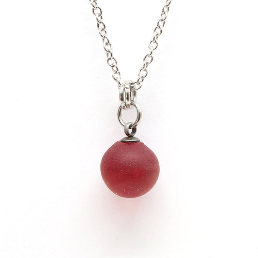 Frosted Red Sphere Charm Stainless Steel Necklace