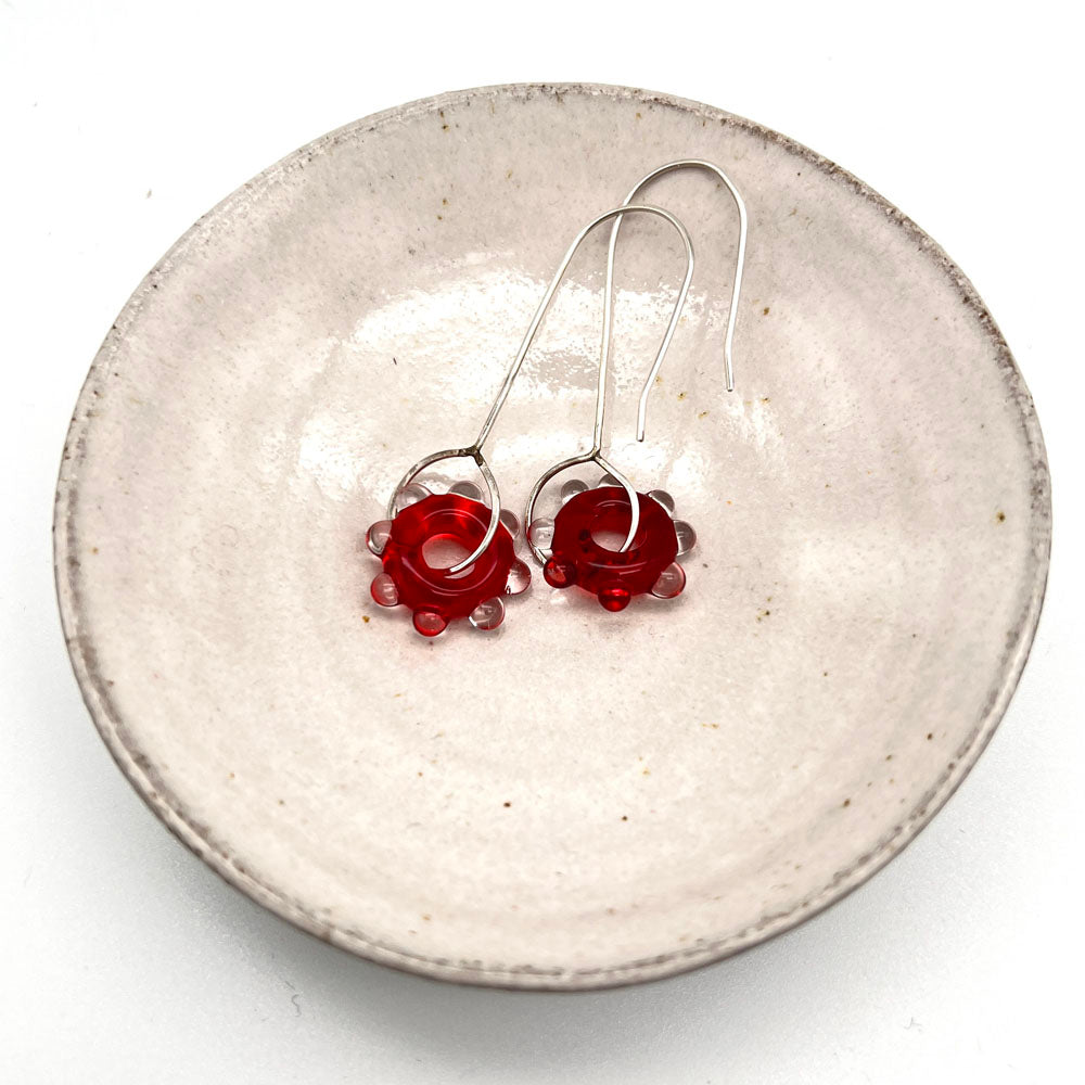 Red Water Droplet Silver Drop Earrings