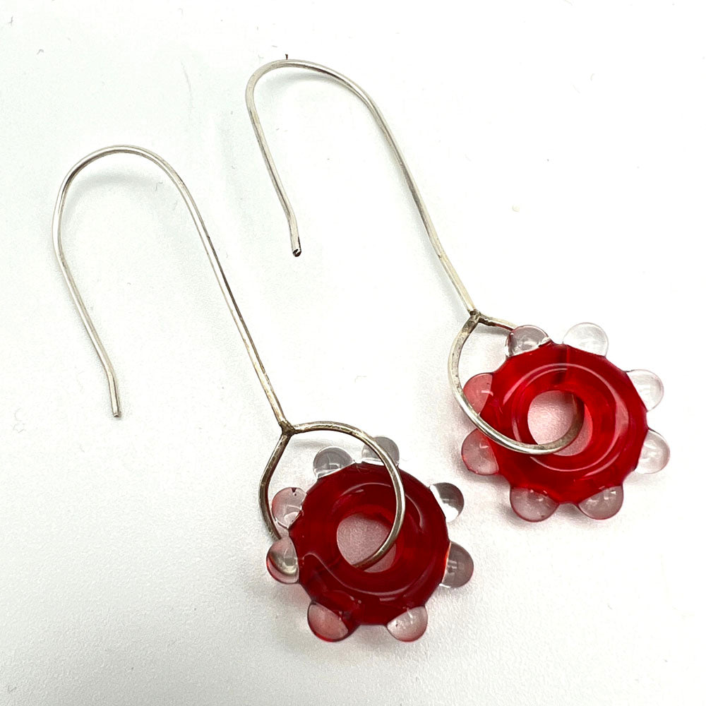 Red Water Droplet Silver Drop Earrings