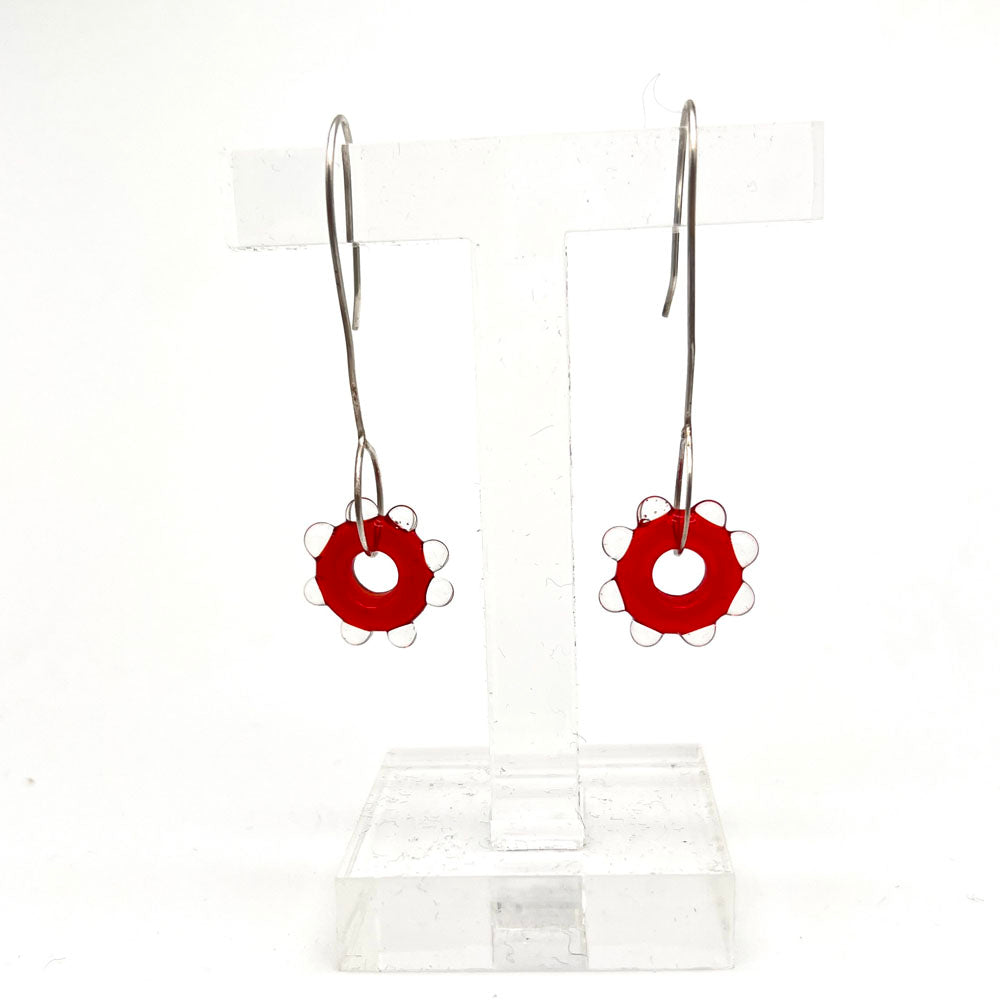 Red Water Droplet Silver Drop Earrings