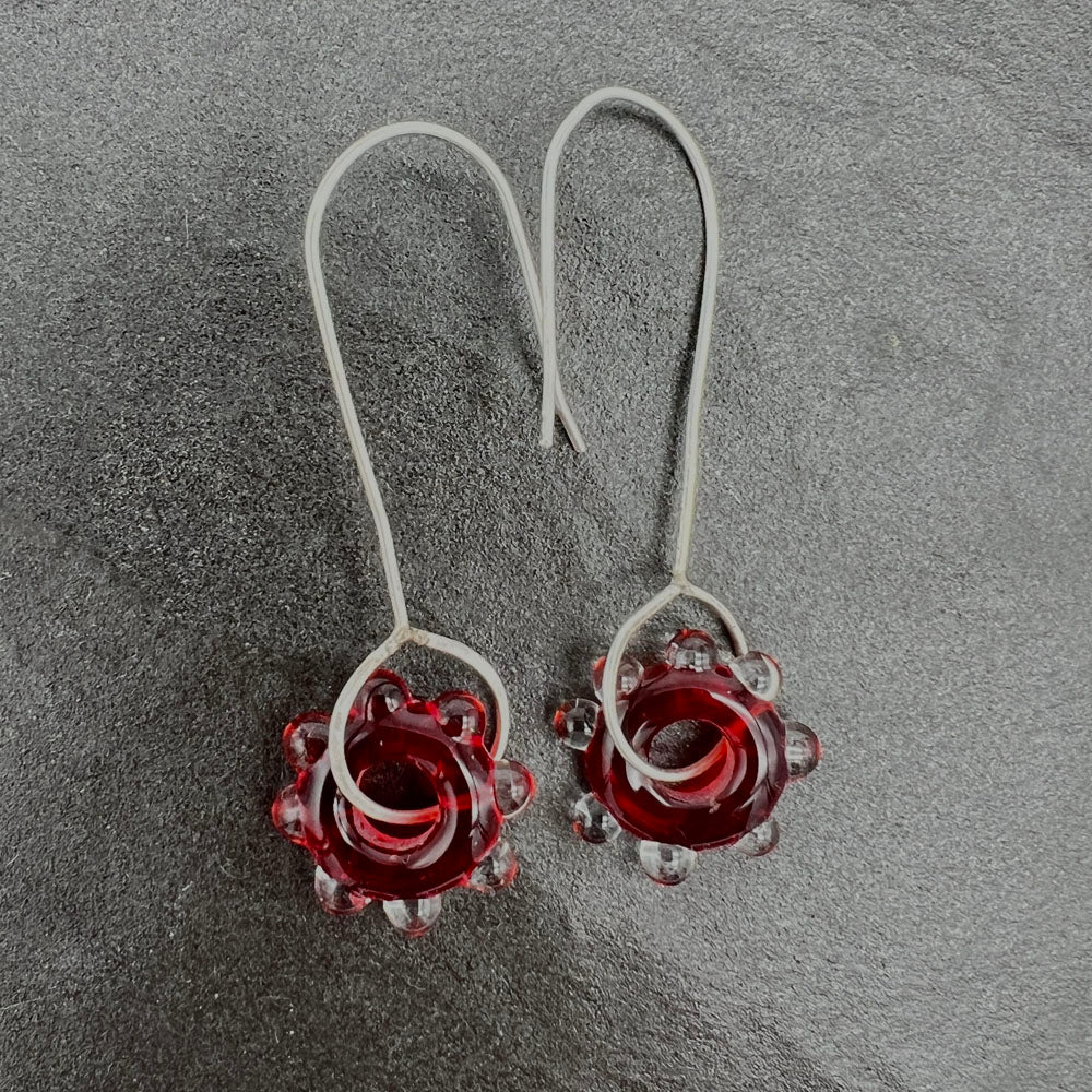 Red Water Droplet Silver Drop Earrings