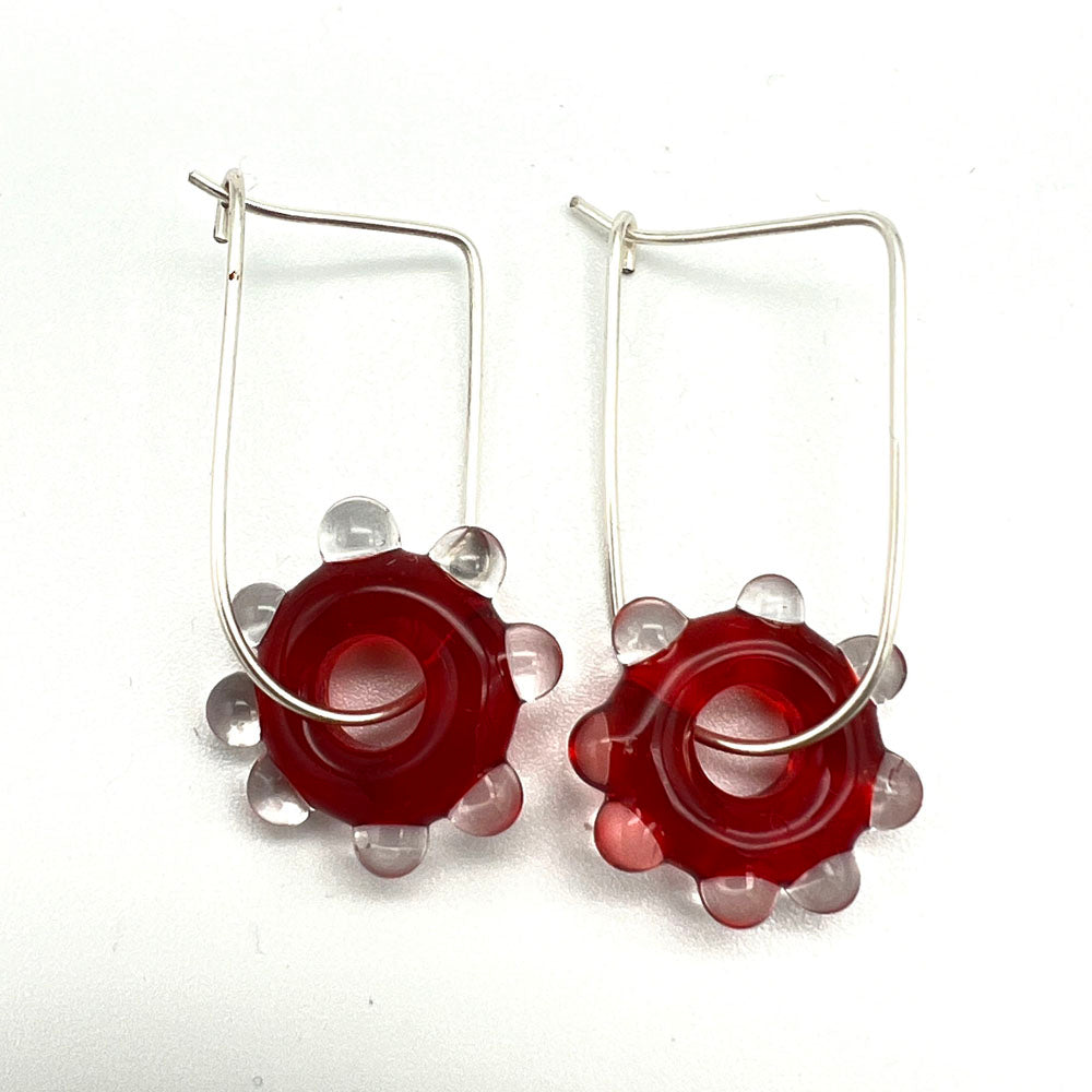 Red Water Droplet Silver Hoop Earrings