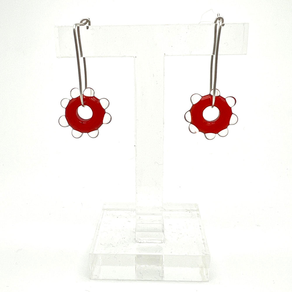 Red Water Droplet Silver Hoop Earrings