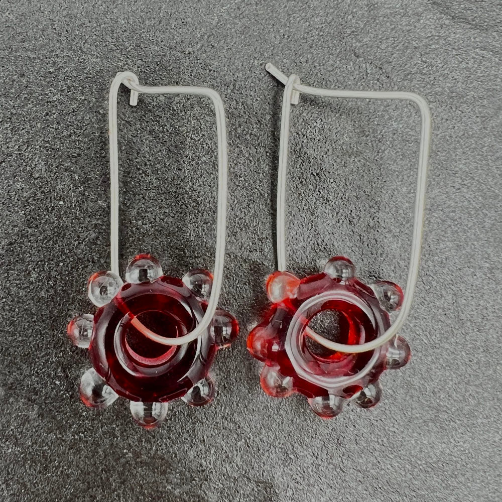 Red Water Droplet Silver Hoop Earrings