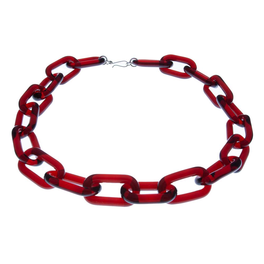 Transparent red glass chain link necklace which fastens with a sterling silver loop and hook. The necklace sits on a white background.