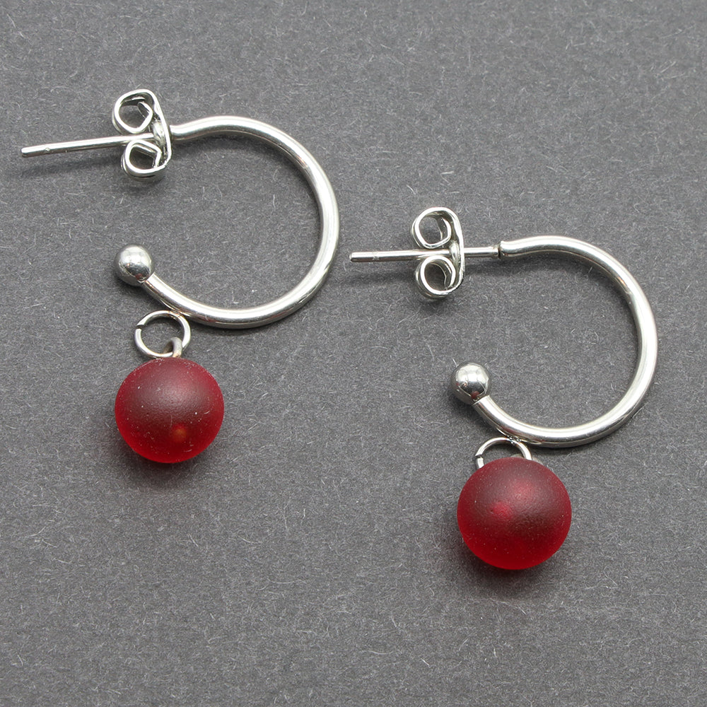 Frosted Red Glass Half Hoop Earrings