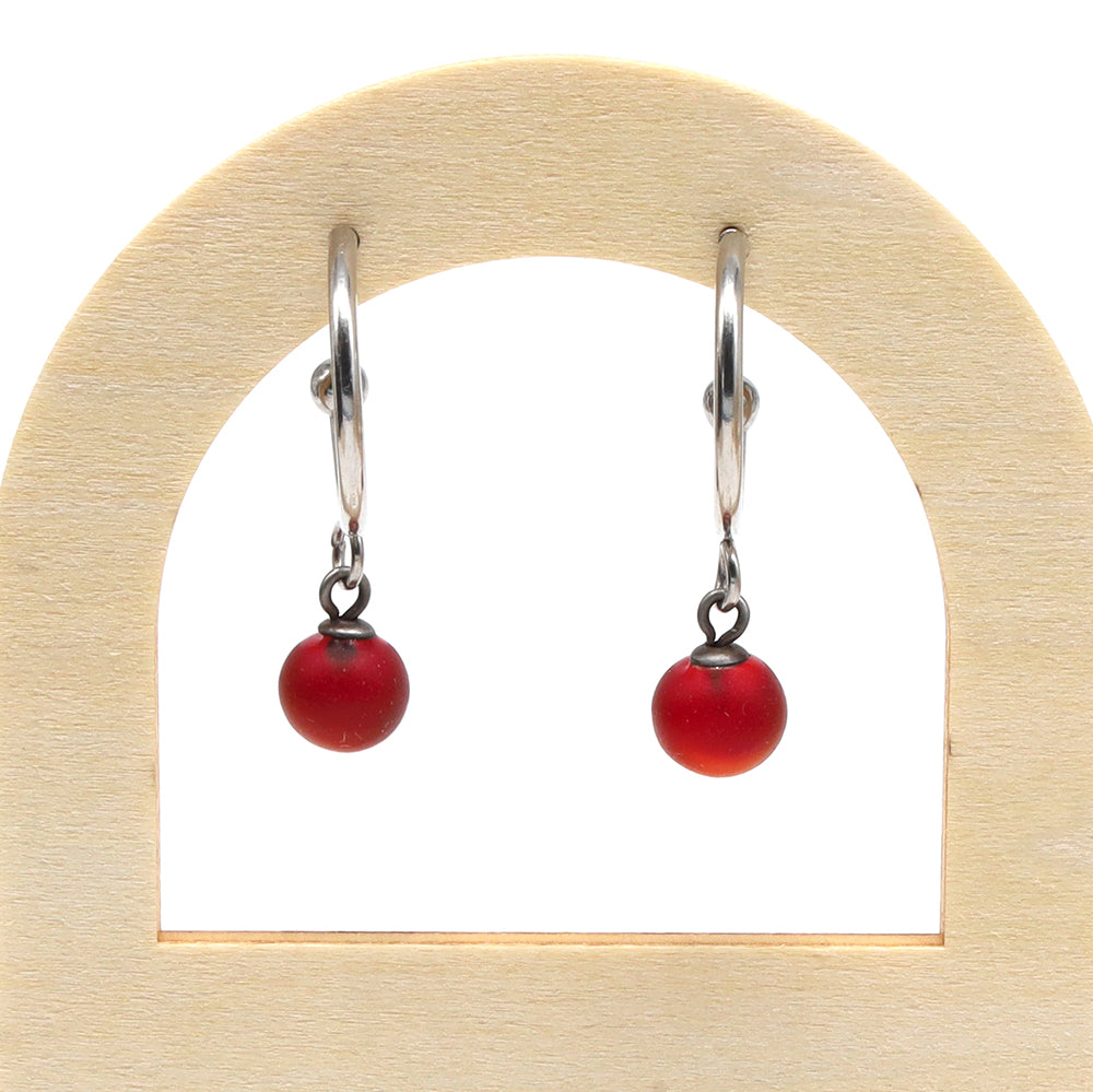 Frosted Red Glass Half Hoop Earrings