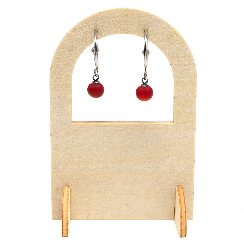 Frosted Red Glass Half Hoop Earrings