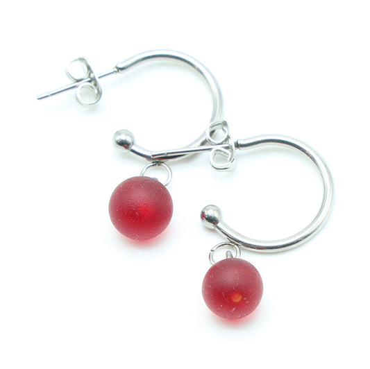 Frosted Red Glass Half Hoop Earrings