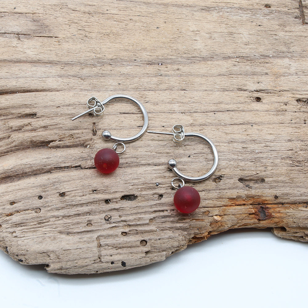 Frosted Red Glass Half Hoop Earrings