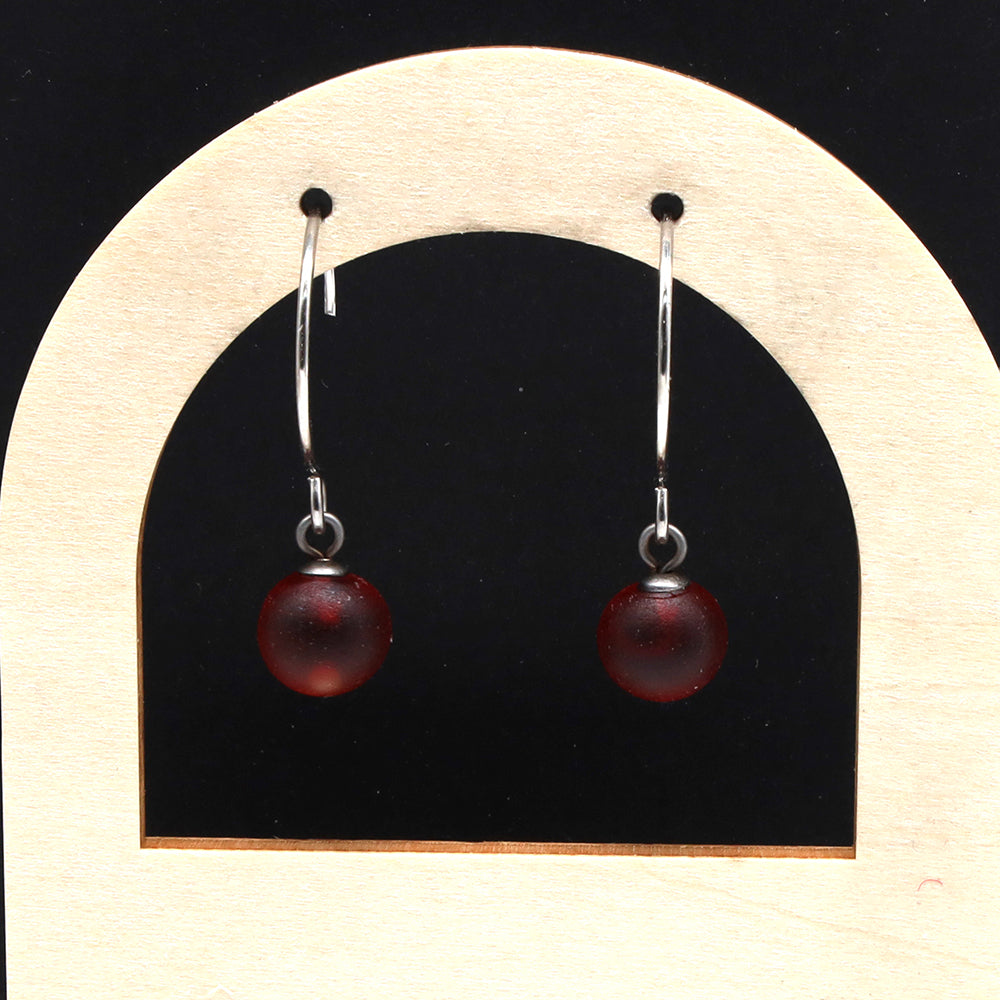 Frosted Red Glass Hook Earrings