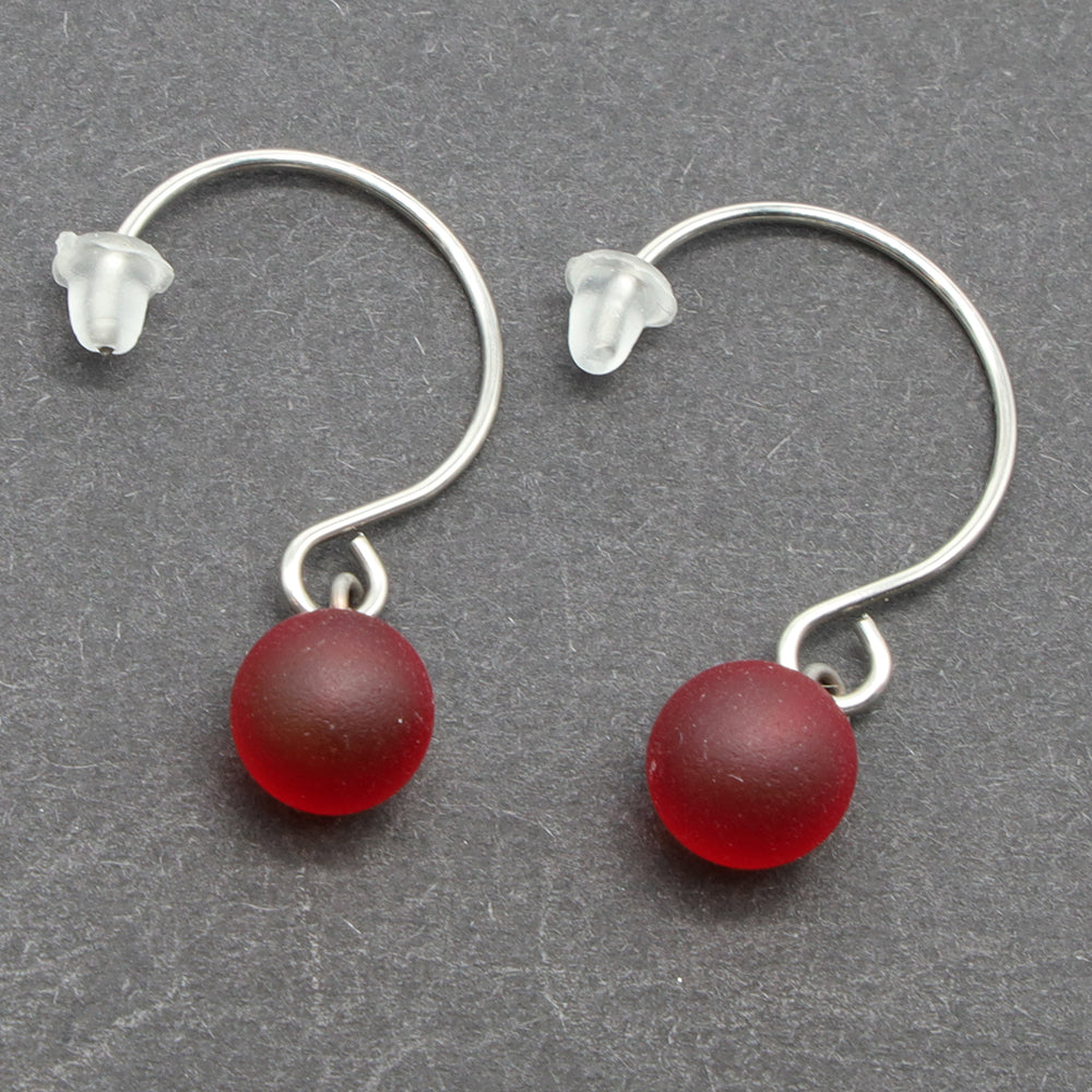 Frosted Red Glass Hook Earrings