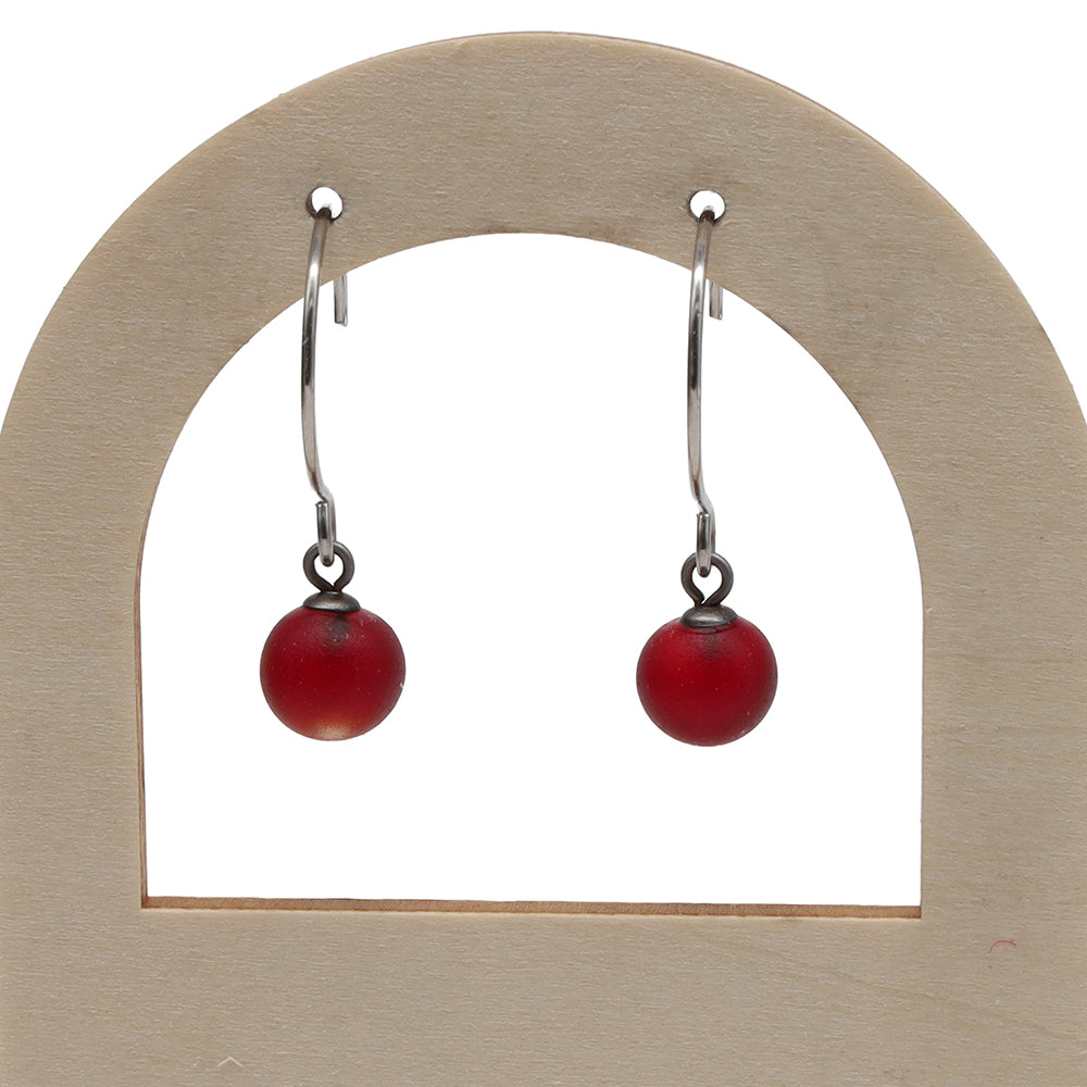 Frosted Red Glass Hook Earrings