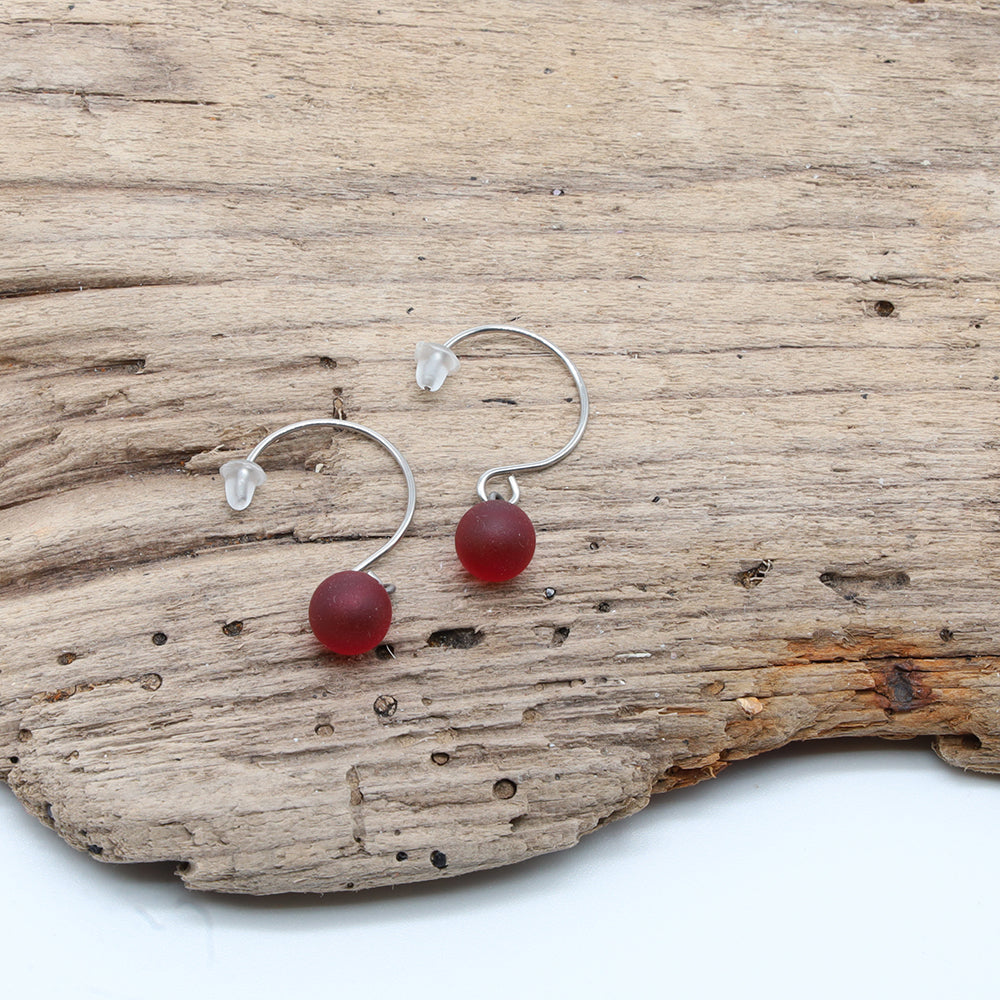 Frosted Red Glass Hook Earrings