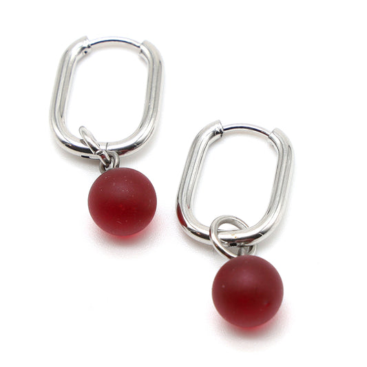 Frosted Red Glass Oval Hoop Earrings
