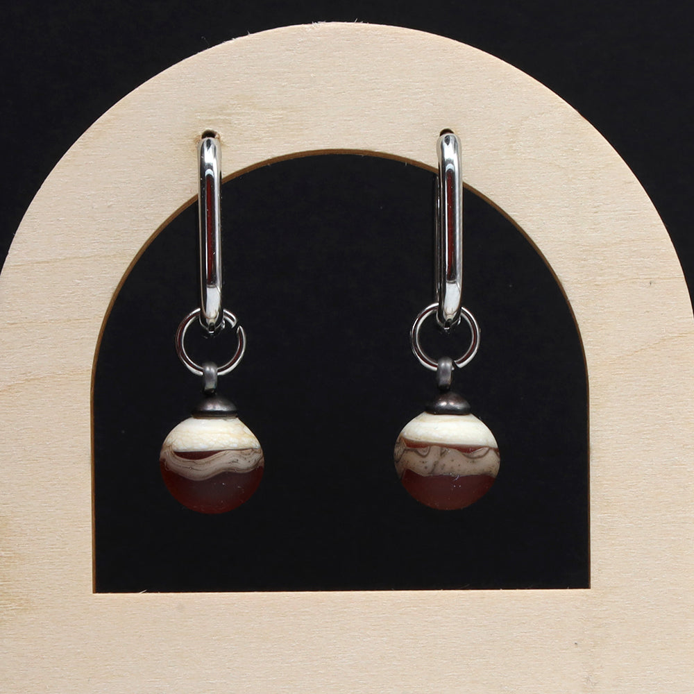 Frosted Red and Ivory Glass Oval Hoop Earrings