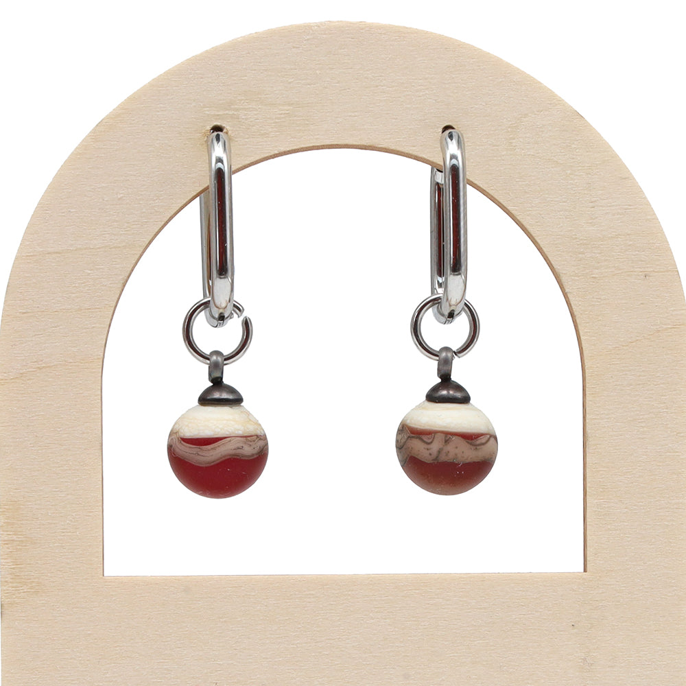 Frosted Red and Ivory Glass Oval Hoop Earrings