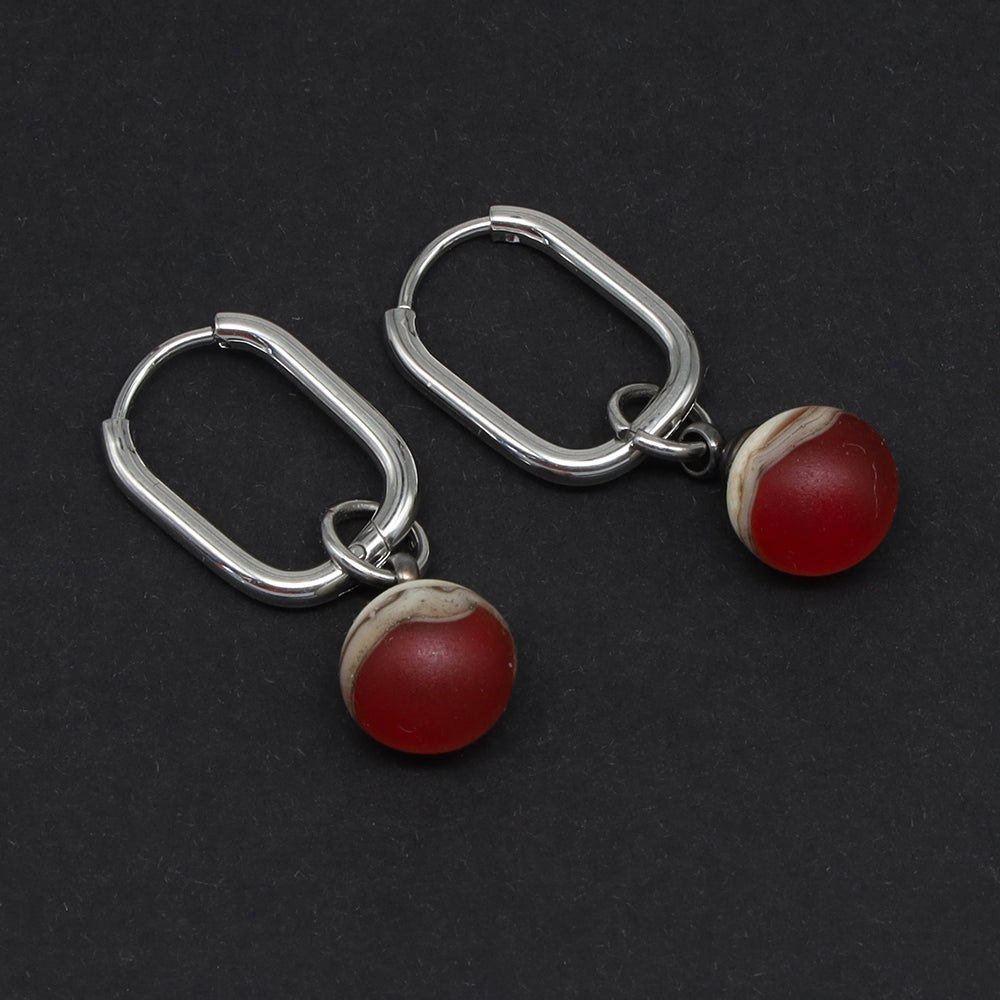 Frosted Red and Ivory Glass Oval Hoop Earrings