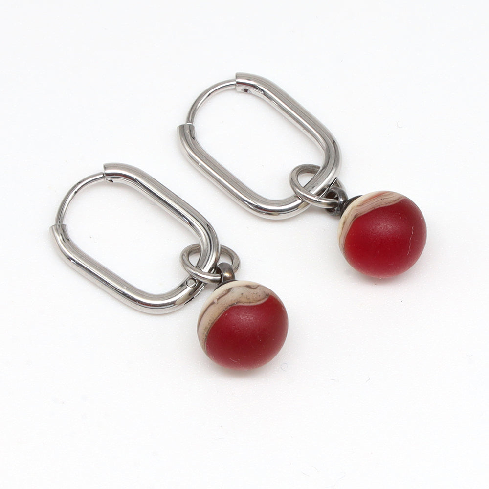 Frosted Red and Ivory Glass Oval Hoop Earrings