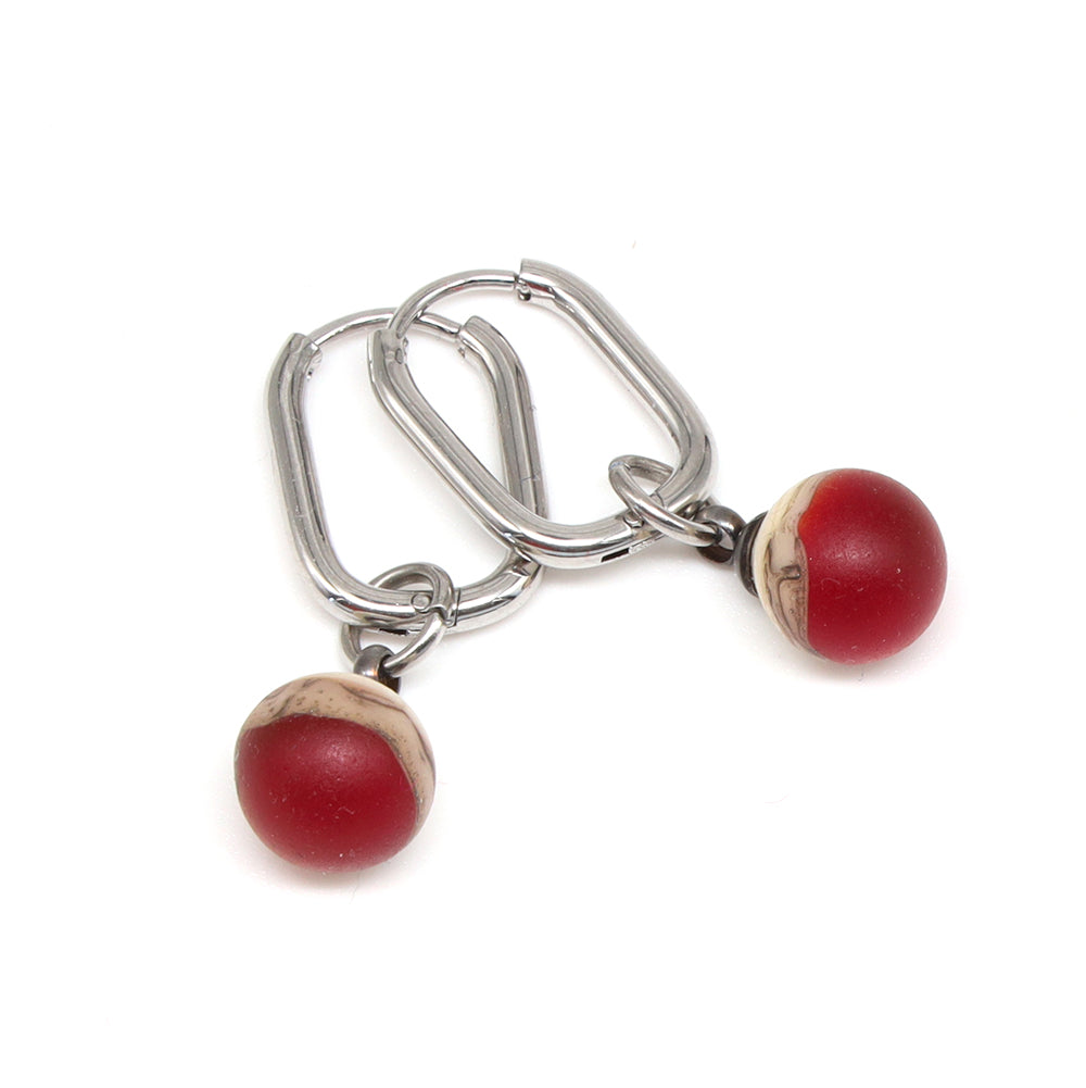 Frosted Red and Ivory Glass Oval Hoop Earrings