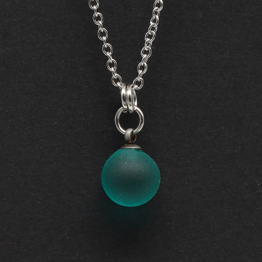 Frosted Teal Sphere Charm Stainless Steel Necklace