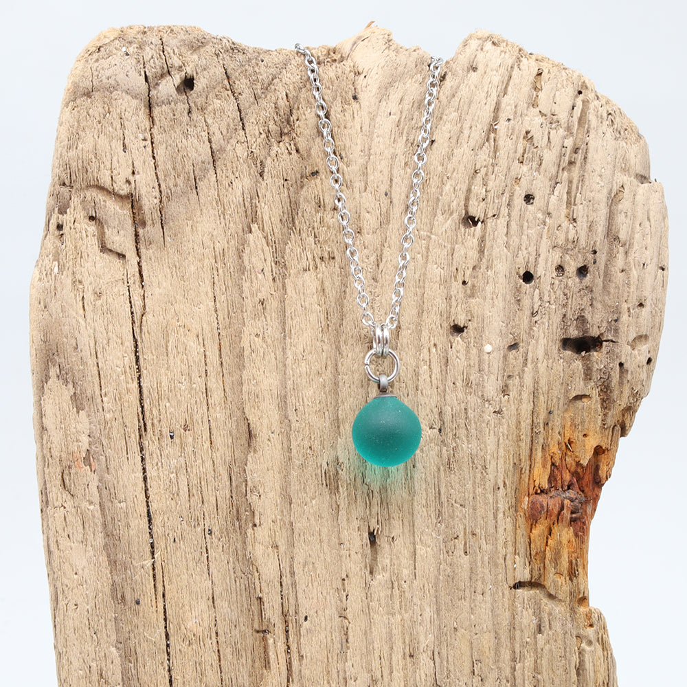 Frosted Teal Sphere Charm Stainless Steel Necklace